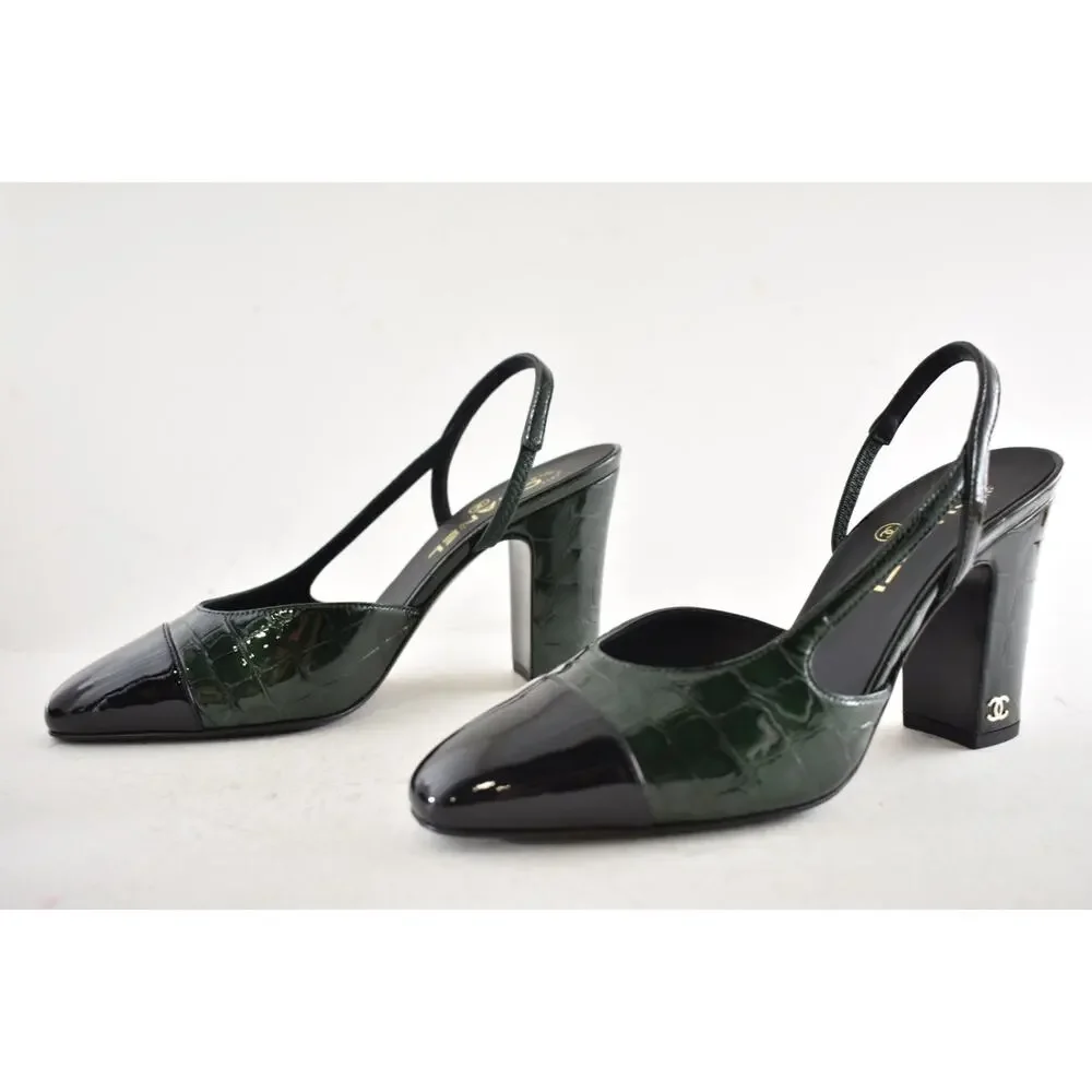 Chanel 26A Green Black Crocodile Croc Coco Sling Slingback Block Heel Pump 39.5c